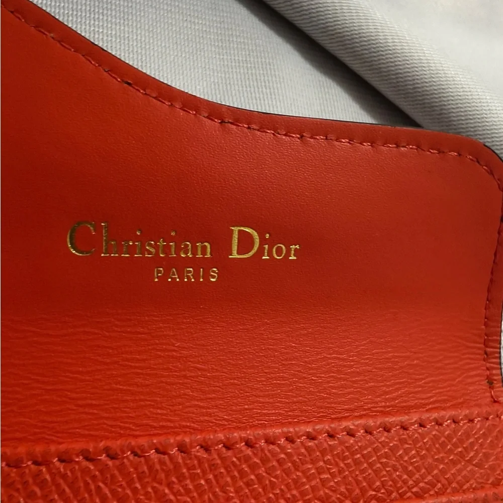 Dior Red Grained Leather Saddle Card Case with Gold 'D' Charm